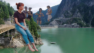 bikini giantess mega black_hair bridge clothed barefoot asian sitting women standing dam airraid