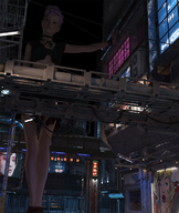 gentle giantess city blonde clothed skirt buildings standing night runswithferrets digital_render