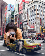 gentle giantess collage city clothed buildings asian kneeling camera taxi airraid