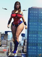 giantess city large_breasts long_hair destruction handheld helicopter bus walking outdoors thick_thighs digital_render gtsx3d