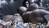 nipples giantess nude city black_hair looking_down voluptuous raining digital_render dinner-kun