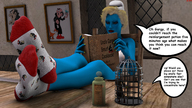 socks blue_skin table shrunken_man cage smurf smurfette dialogue drcreep digital_render cook_book