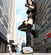 giantess city black_hair long_hair handheld buildings gloves looking_down outdoors thigh_highs digital_render bare_midriff