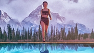 breasts giantess mega skirt water walking mountains lake reflection sky birds trees top looking_at_viewer belt digital_render narkoman22 hair_streak