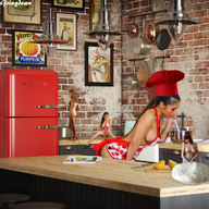 collage nude large_breasts shrunken_women indoors cooking apron refrigerator goingdown