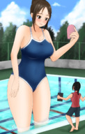 drawing color large_breasts swimsuit cleavage water brunette embarrassed mini_giantess pool looking_down towering hair_bun orenji