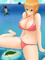 drawing mega color large_breasts swimsuit cleavage water ocean helicopter green_eyes island short_hair sitting belly looking_down boats gantess legs_spread orange_hair annoyed leaning_back orenji