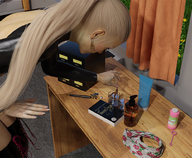 blonde long_hair clothed handheld ponytail glass bending_over shrunken_man desk runswithferrets manicure digital_render leather_clothing dunking bubble_maker