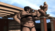 black_hair short_hair mini_giantess muscles fighting outdoors flexing skimpy_clothing digital_render
