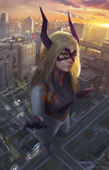 drawing giantess horns city blonde color gloves skyscraper mask sky sunset aerial_view looking_at_viewer heroine_outfit my_hero_academia mingchen_shen mt._lady