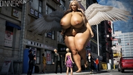 nude wings city blonde long_hair huge_breasts mini_giantess walking outdoors crowds thick_thighs digital_render dinner-kun