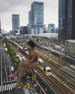 giantess collage train asian short_hair sitting sandals fire shorts mask airraid