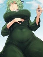drawing giantess handheld green_eyes touhou green_hair hand dangle sky between_fingers point_of_view perspective utopia toyosatomimi_no_miko tojiko
