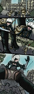 drawing giantess white_hair crush panties city upskirt comic color robot sword high_heels pantyshot low_angle fighting combat mspaintgts robots nier_automata 2b 9s nier