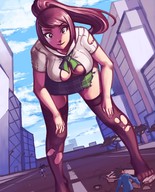 drawing giantess city color cleavage running looking_at_viewer ripped_clothing vehicle_crush leaning_forward gareit0