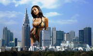 breasts giantess collage city mega black_hair cleavage unknown_artist skyscraper dark_skin sky looking_at_viewer
