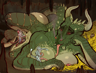 drawing giantess nude furry dragoness horns anthro dragon large_breasts cum sex lying_down cave indoors long_tongue scalie gold