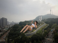 giantess collage landscape city mega brunette asian lying_down phone shorts aerial_view airraid