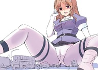 drawing giantess blonde color seo_tatsuya purple_eyes camel_toe sitting bus looking_down vehicles legs_spread