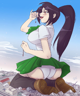 breasts drawing giantess panties vore mega upskirt black_hair color butt destruction mouth skirt shoes train ponytail kneeling hand uniform falling sky thigh_highs angelgts