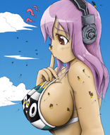 drawing mega color large_breasts attack bra helicopter purple_hair airplane headphones clouds hank88 sonico mastershake2