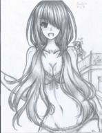 bikini drawing giantess monochrome long_hair cleavage hanging_on on_shoulder embernaga