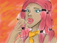 drawing saliva green_eyes pink_hair blowjob looking_down between_fingers braid no_background kasumikills heavy_eyeshadow
