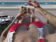 bikini barefoot cleavage lying_down anal_insertion drink bending_over pool shrunken_man manicure umbrella spawngts digital_render nsked_man