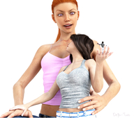 giantess long_hair clothed handheld cleavage brunette multiple_sizes red_hair lesbians standing top digital_render haile innocent-owl