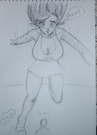 drawing giantess monochrome large_breasts cleavage sketch falling tripping kasumikills