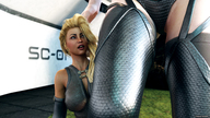 gentle blonde clothed stockings mini_giantess lesbians walking digital_render fater leather_clothing