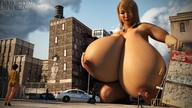 giantess city long_hair huge_breasts brunette police looking_down outdoors digital_render on_knees dinner-kun