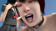 giantess tongue teeth face uniform collar open_mouth looking_at_tiny digital_render ai_tanaka aithegiantess