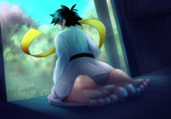 drawing barefoot soles kneeling street_fighter unaware indoors looking_back on_toes makoto thunderafterdark on_soles
