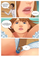 drawing comic long_hair blue_eyes brunette shrunken_man looking_down dark_skin dialogue panels between_breasts