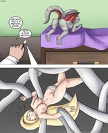 drawing micro furry dragoness tail wings anthro blonde long_hair huge_breasts ponytail unaware shrunken_woman dialogue panels dinobirdofdoom imminent_insertion grey_skin qetesh