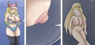 drawing micro panties horns blonde long_hair huge_breasts ponytail unaware shrunken_woman hat thigh_highs panels dinobirdofdoom