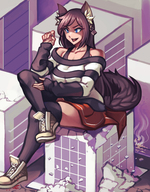 drawing giantess tail city color large_breasts long_hair destruction skirt blood brunette fox_ears sitting sneakers outdoors between_fingers fox_girl thigh_highs legs_crossed sitting_on_building pinched