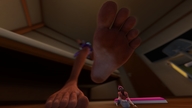 long_hair barefoot jeans ponytail sitting unaware looking_up bedroom shirt raised_foot headset digital_render source_film_maker overwatch d.va imminent_foot_crush sombra