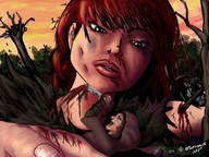 drawing giantess color green_eyes blood red_hair lying_down fighting knife tastysnack