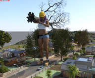 giantess purple_hair man standing vehicles houses trees hard_hat digital_render giantess_lover45
