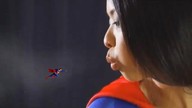 collage brunette asian superman cape giantesss blowing looking_at_tiny