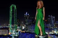 giantess collage city wonderslug dress skyscraper night looking_at_viewer green_dress city_lights long_dress dallas larissa_marolt night_sky
