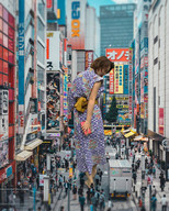 giantess collage city barefoot brunette asian dress short_hair walking looking_down looking_back airraid