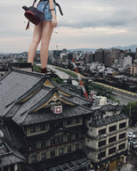 giantess collage city water buildings asian legs short_shorts standing backpack airraid