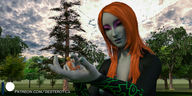 giantess nude long_hair handheld smiling red_hair blue_skin looking_down outdoors digital_render twili_midna heavy_eyeshadow link_(the_legend_of_zelda)