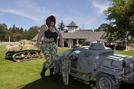 military red_hair short_hair mini_giantess looking_down outdoors top combat_boots digital_render
