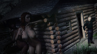 breasts nipples nude black_hair long_hair pubic_hair brunette mini_giantess navel hiding night bugmaker digital_render log_cabin jason friday_the_13th
