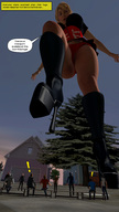 blonde large_breasts high_heels story short_hair shrunken_men sitting surprised shorts looking_up point_of_view raised_foot bench imminent_crush looking_at_tiny digital_render
