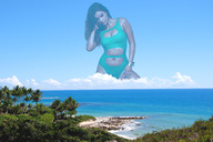giantess collage long_hair swimsuit blue_eyes ocean brunette wonderslug clouds one_piece_swimsuit bare_midriff